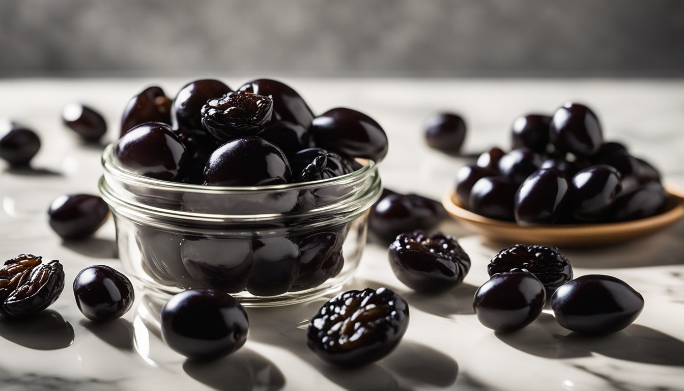 Glossy black prunes and dark raisins spill from a glass jar onto a marble counter, with morning light casting shadows through the rich, deep colors