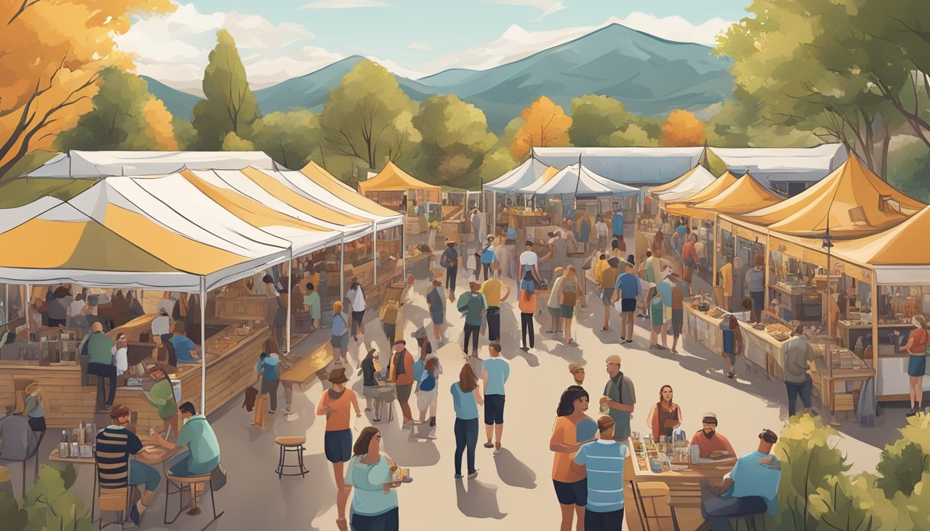 A bustling craft beer festival with a variety of unique brews, live music, and food trucks in a scenic outdoor setting