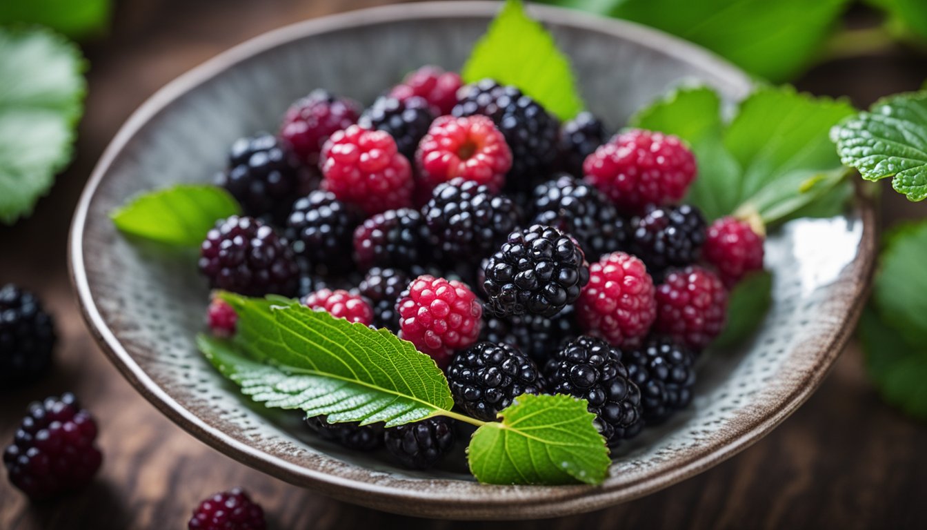 Fresh mulberries in a ceramic bowl, varying in ripeness, with dew on their surface and scattered leaves