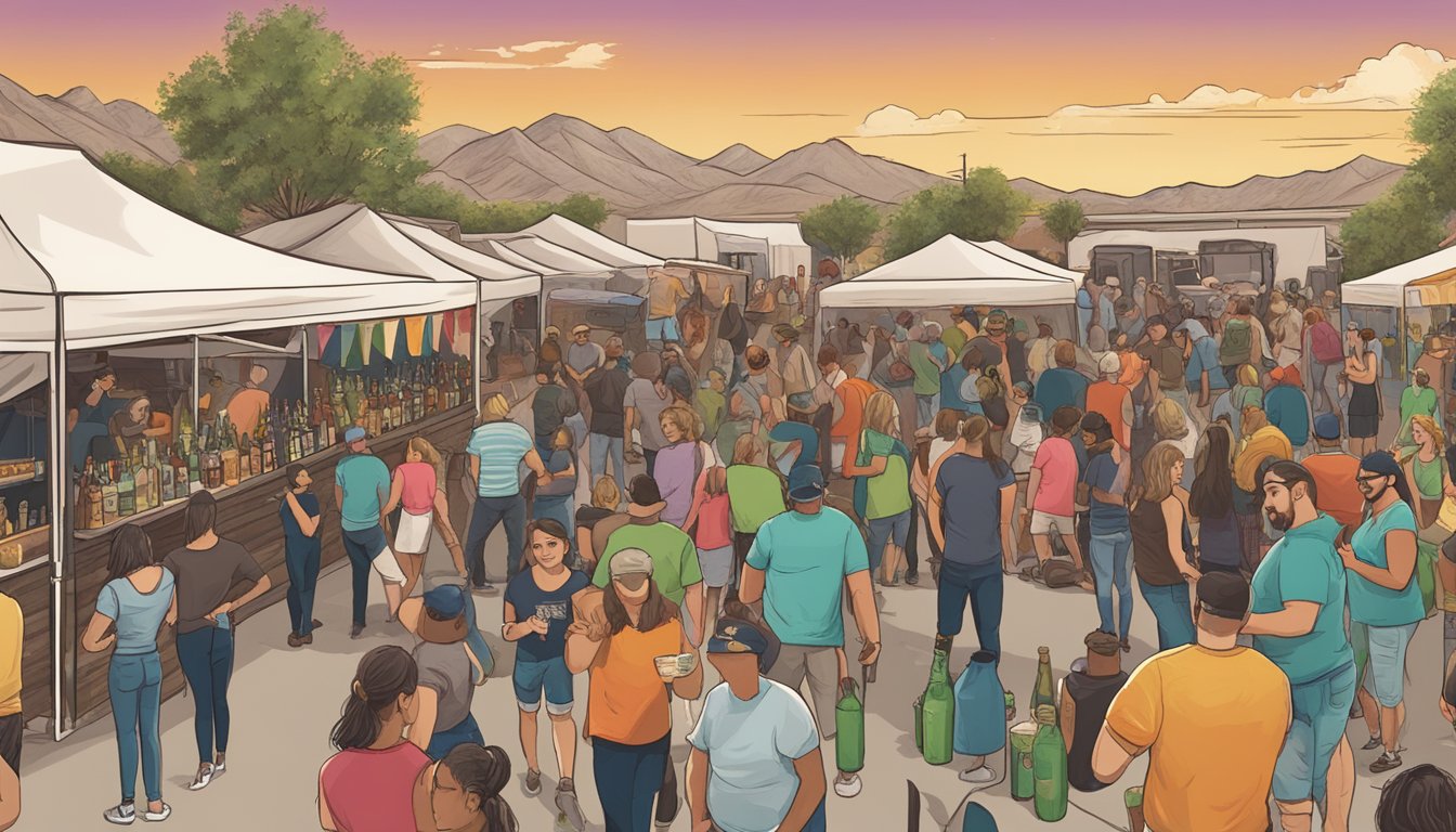 A bustling craft beer festival in Las Cruces, with diverse breweries showcasing their unique flavors and styles. The crowd is lively, with live music and food trucks adding to the vibrant atmosphere