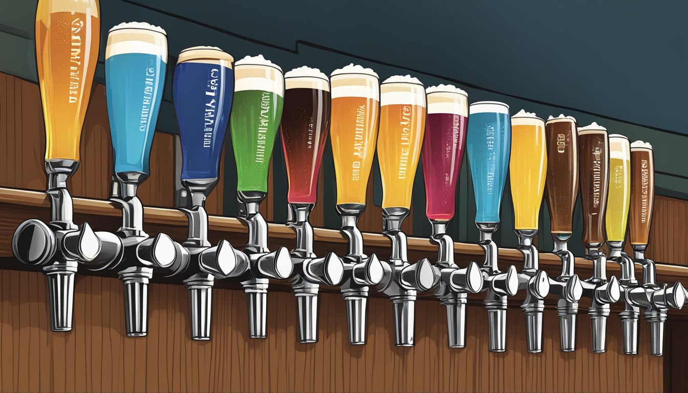 A row of colorful craft beer taps lines the bar, each labeled with the name of a local brewery from Wilmington, NC