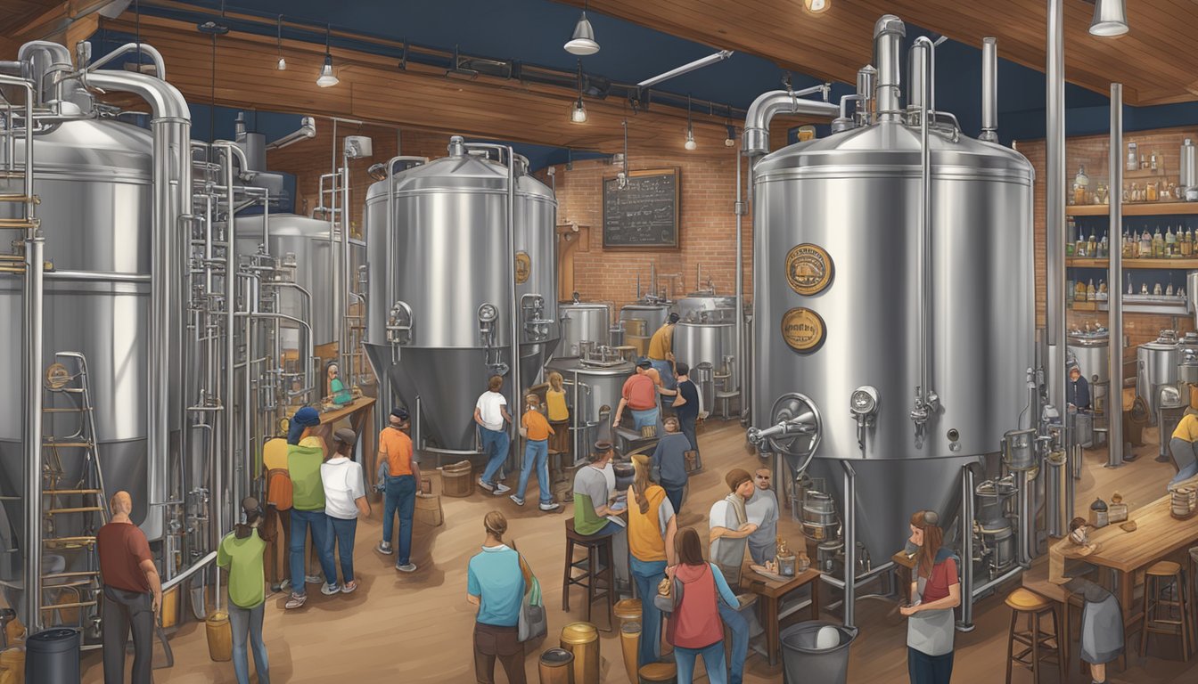 A bustling brewery scene with various craft beer taps, fermenting tanks, and patrons enjoying the local brews in High Point, NC