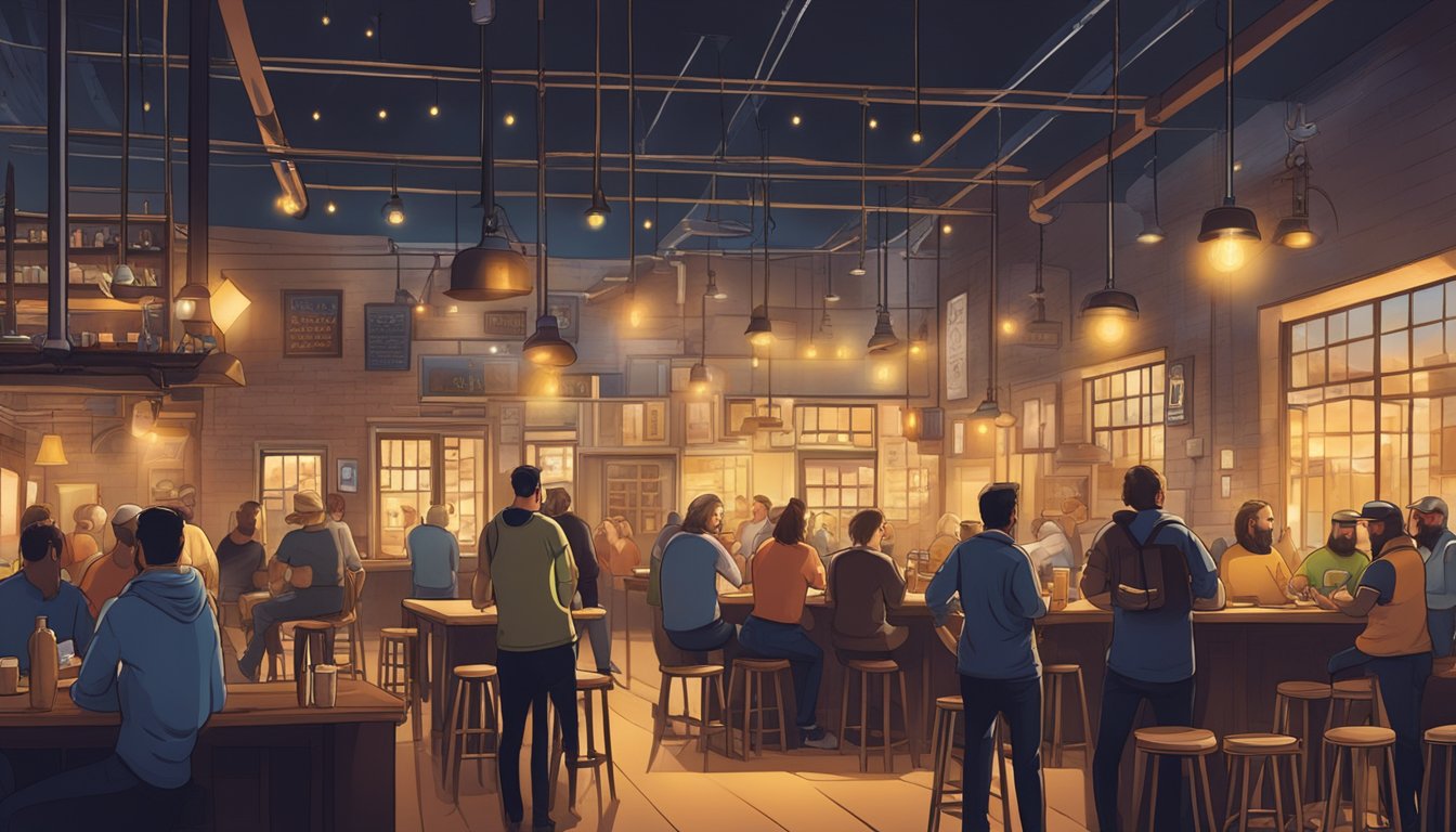 A bustling local brewery scene, with patrons enjoying craft beer under the glow of spotlights