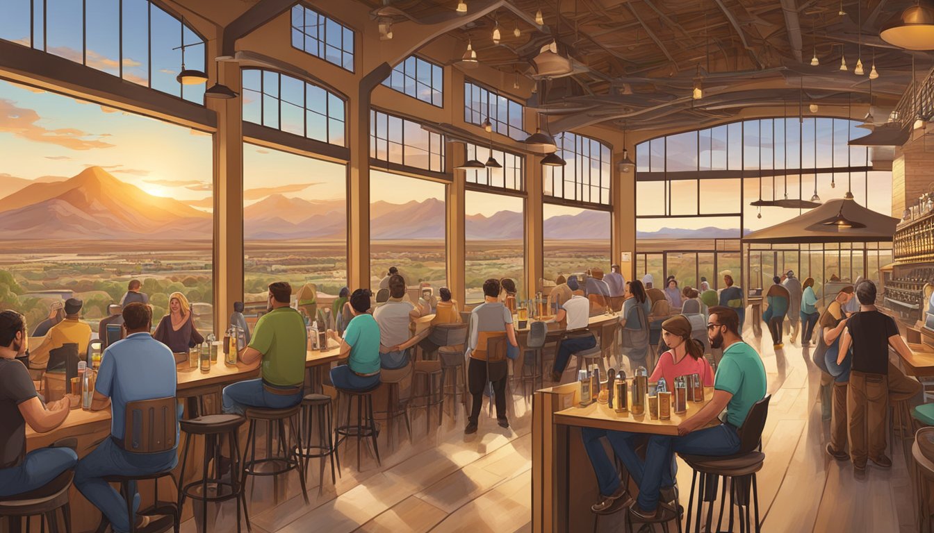 A bustling brewery scene with diverse beer styles, patrons enjoying flights, and a backdrop of Las Cruces' scenic desert landscape