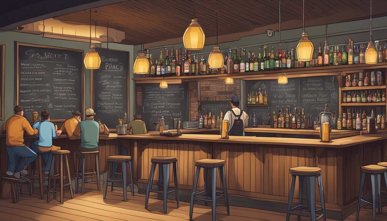 A cozy taproom with shelves of craft beer bottles, a chalkboard menu, and patrons enjoying a variety of brews