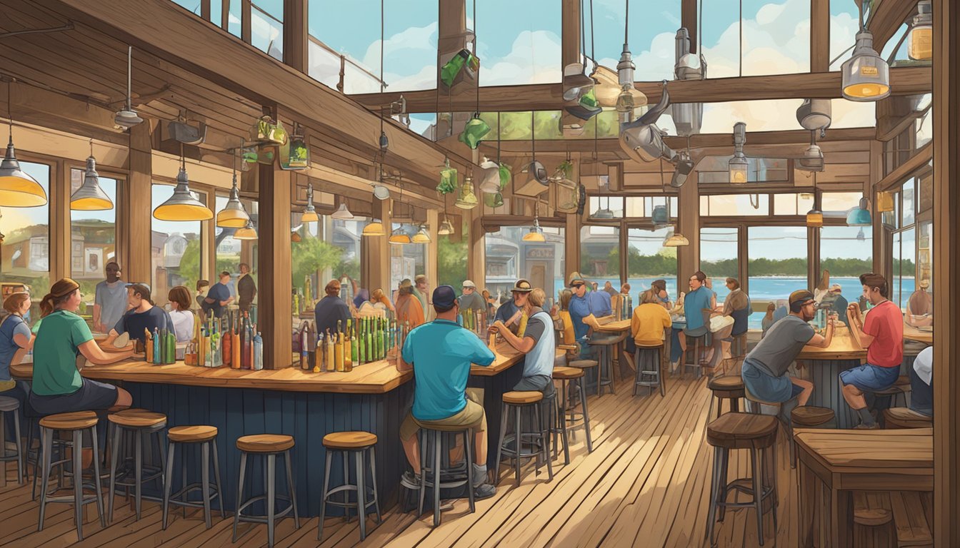 A bustling brewery scene with colorful tap handles, rustic wooden tables, and patrons enjoying craft beer in a coastal Wilmington, NC setting