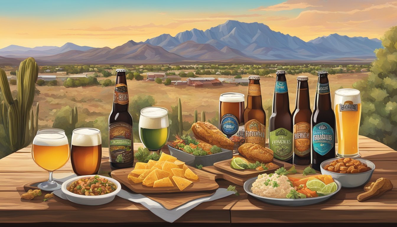 A rustic table displays a variety of local craft beers alongside a spread of gourmet food pairings, set against the backdrop of the Las Cruces, NM landscape