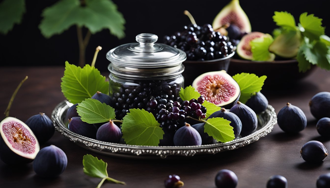 A vintage silver tray displays vibrant figs and blackcurrants on a dark surface, with fig leaves and a jar of preserves catching the light