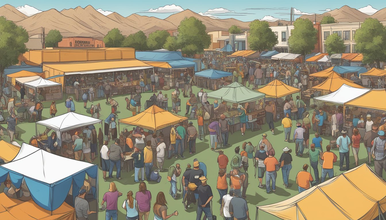 A bustling craft beer festival with vendors, live music, and a diverse crowd enjoying local brews in Las Cruces, NM