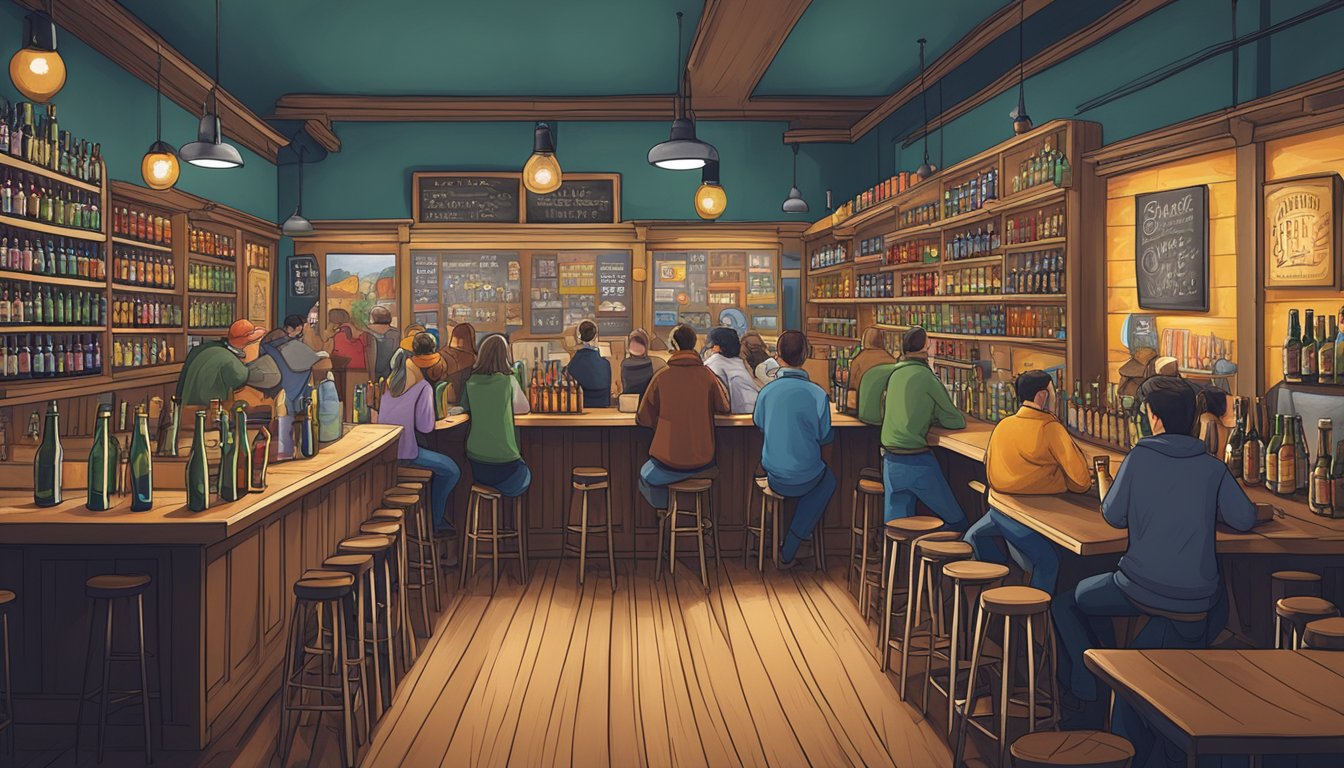 A cozy taproom filled with patrons sampling a variety of craft beers, with shelves lined with colorful bottles and a chalkboard displaying the current beer offerings