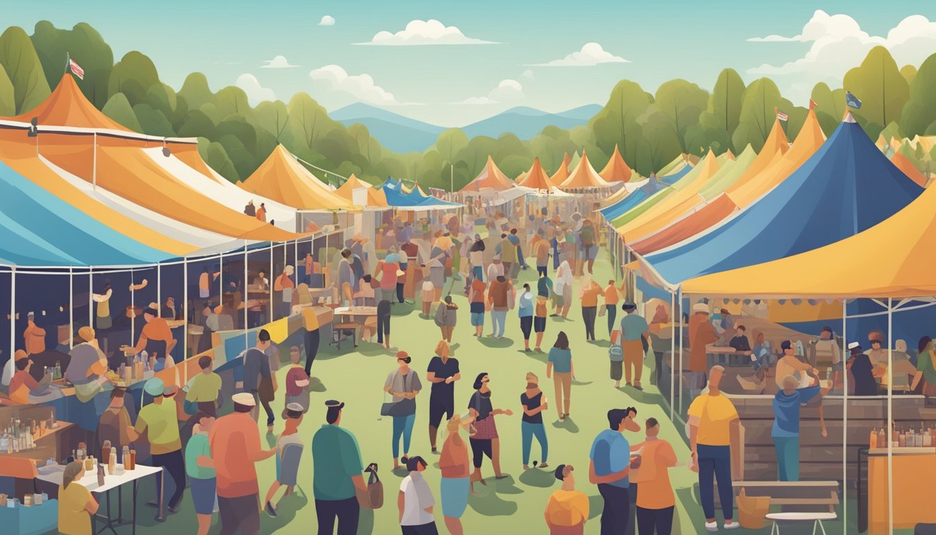 A bustling local craft beer festival with colorful tents and a variety of beer vendors, surrounded by happy patrons sampling different brews