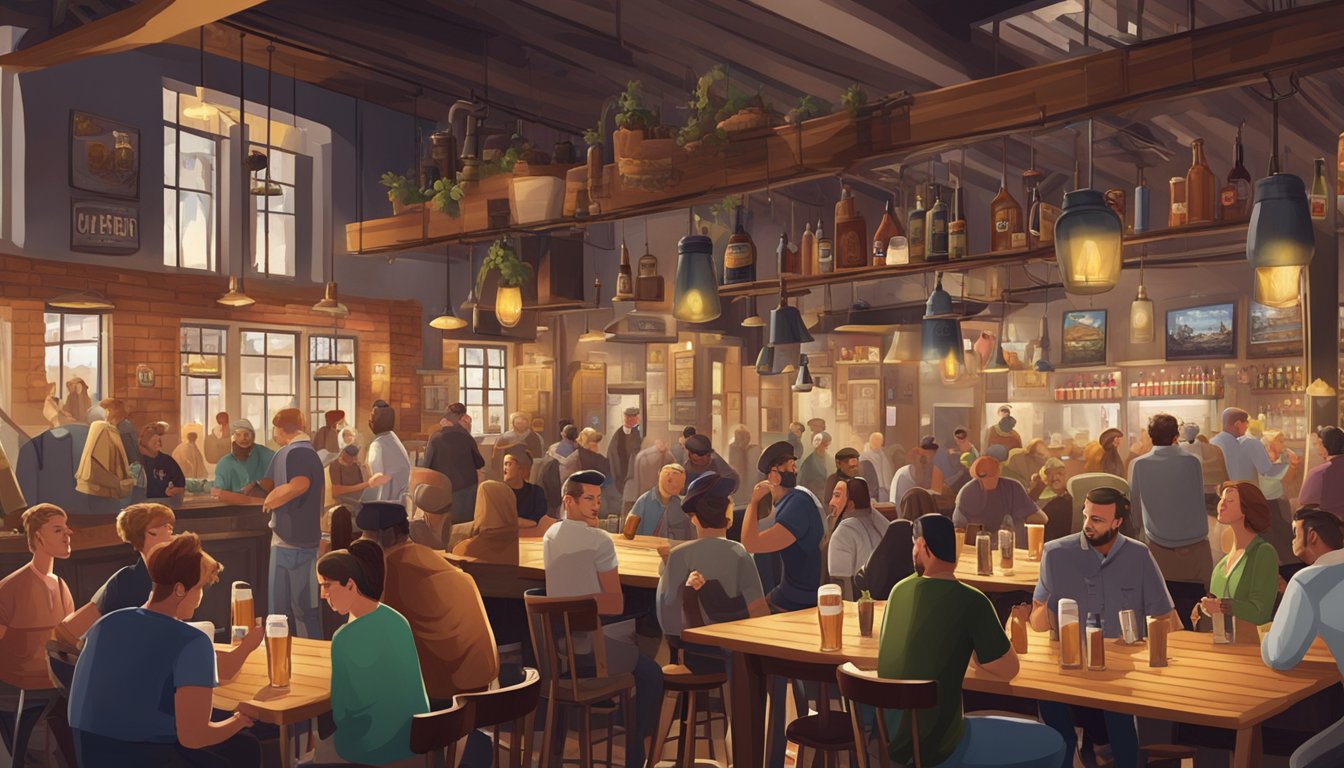 A bustling brewery scene with patrons sampling various craft beers in a lively atmosphere. Tables and barstools are filled with people enjoying the local brews