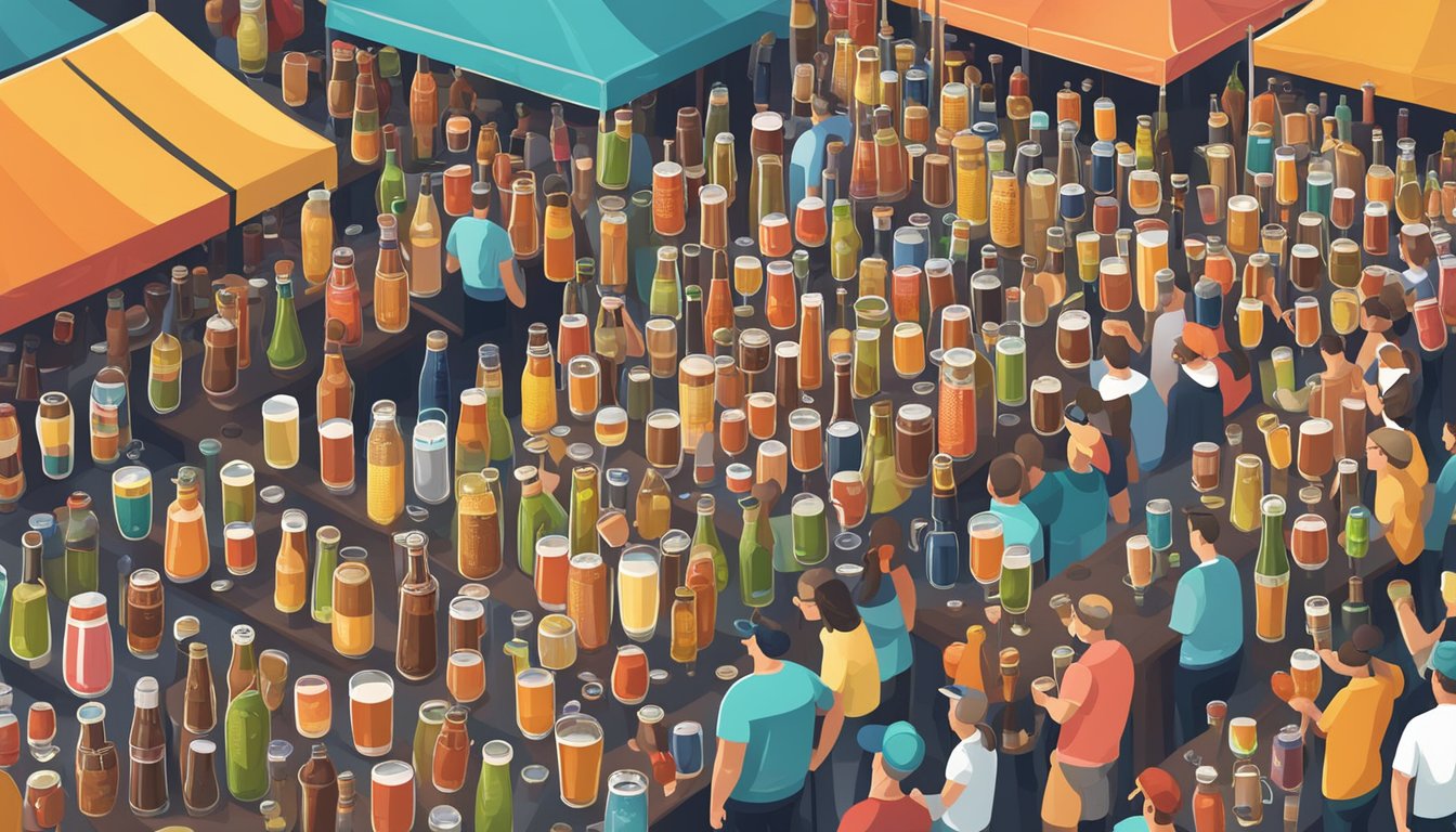 A bustling craft beer festival with rows of colorful taps and diverse beer styles on display