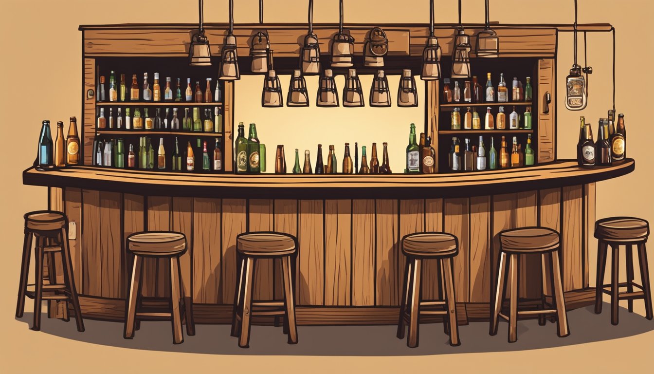 A rustic wooden bar adorned with various craft beer taps and bottles, surrounded by cozy seating and warm lighting