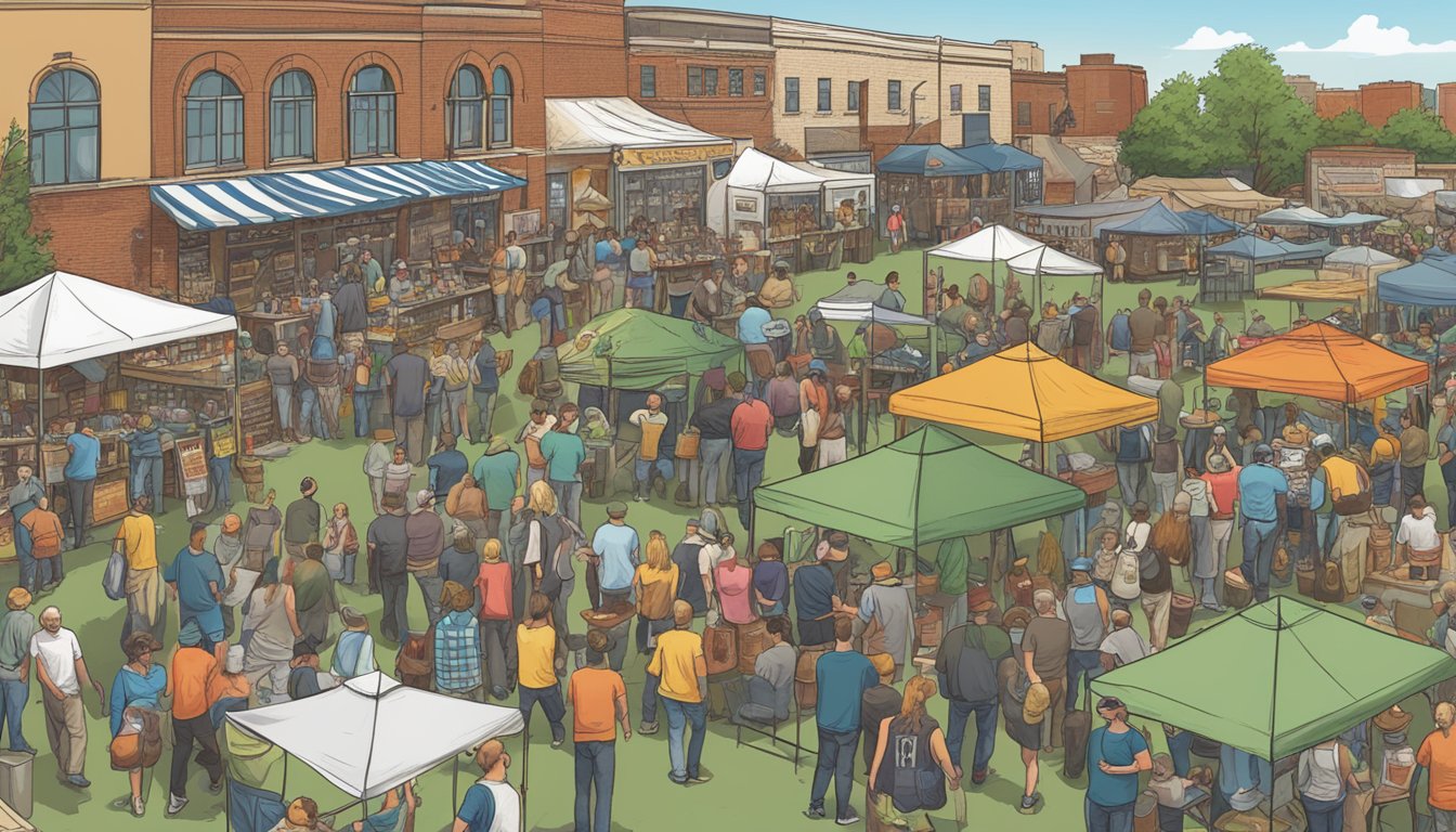 A bustling craft beer event in Lincoln, NE with vendors, live music, and a diverse crowd of beer enthusiasts