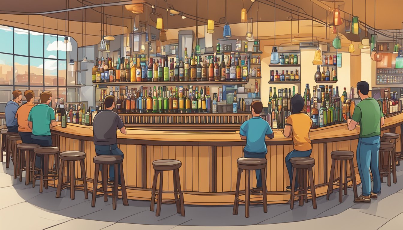 A bustling taproom with rows of colorful craft beer varieties on display. A bartender pours a frothy pint for a customer at the bar