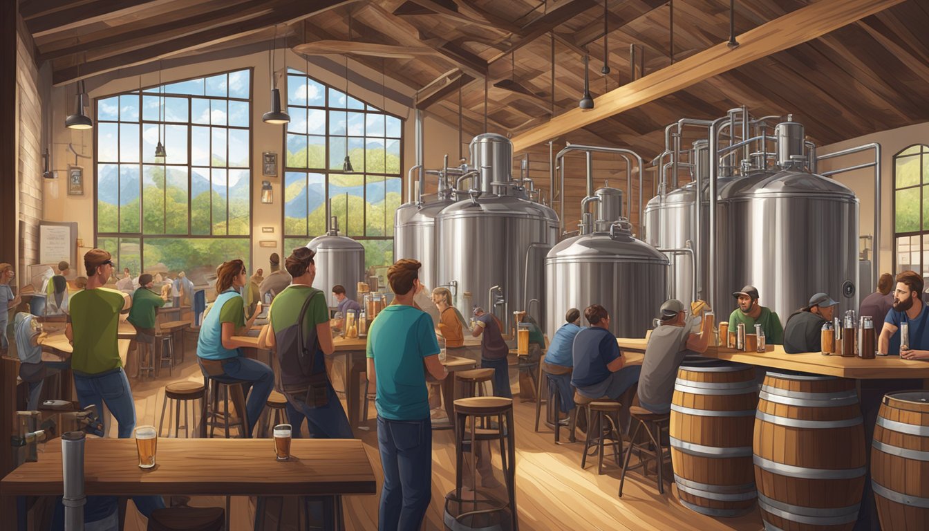 A bustling taproom with patrons enjoying flights of craft beer, surrounded by stainless steel brewing tanks and wooden barrels