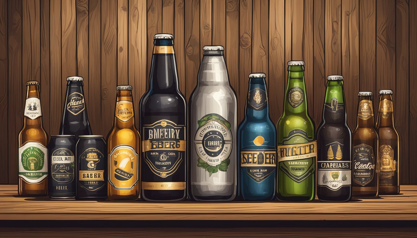 A variety of craft beer bottles and cans displayed on a wooden bar counter with rustic lighting and brewery logos