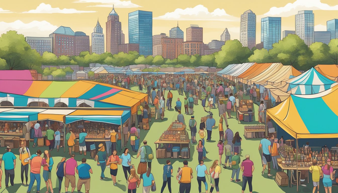 A bustling craft beer festival with rows of colorful vendor tents and eager beer enthusiasts sampling and chatting under the Edison, NJ skyline