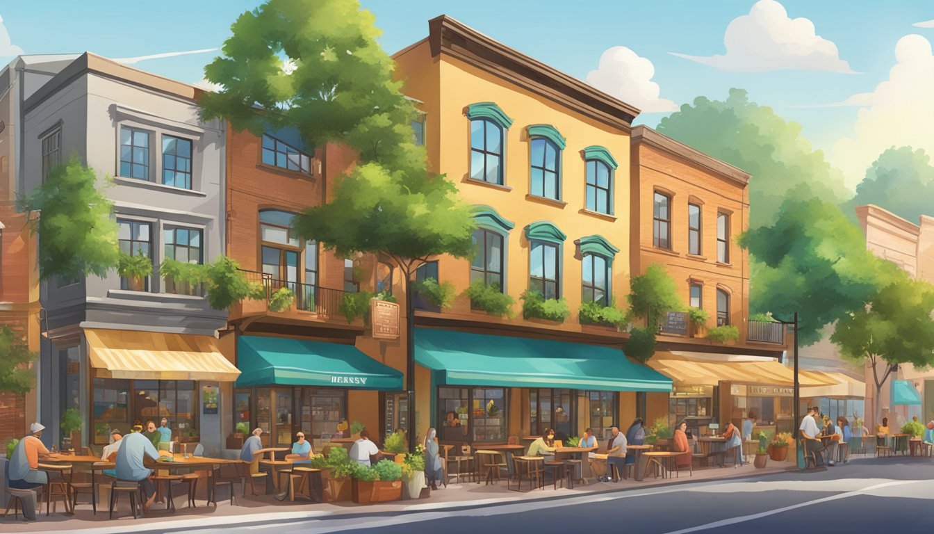 A bustling brewery district with colorful storefronts and outdoor seating, surrounded by greenery and a lively atmosphere