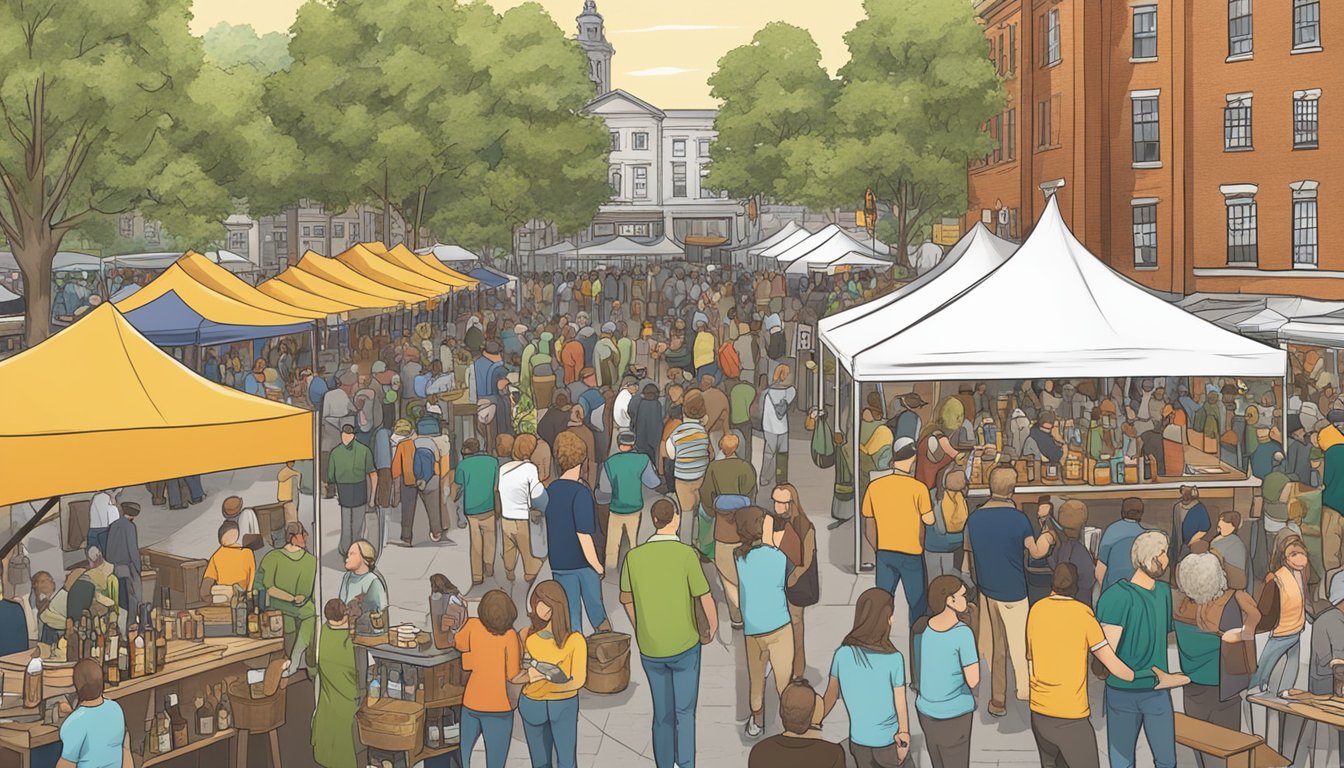 A bustling craft beer festival with vendors and patrons sampling local brews in Albany, NY