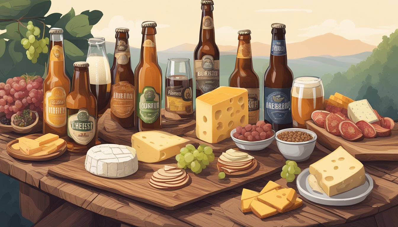 A rustic wooden table with various local craft beer bottles and glasses, accompanied by a spread of artisanal cheeses, charcuterie, and fresh fruits