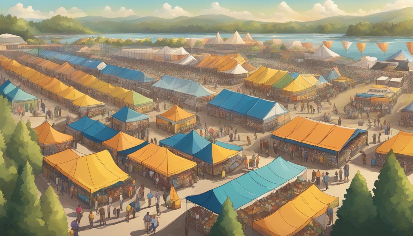 A panoramic view of a bustling craft beer festival, with rows of colorful tents and people sampling various local brews