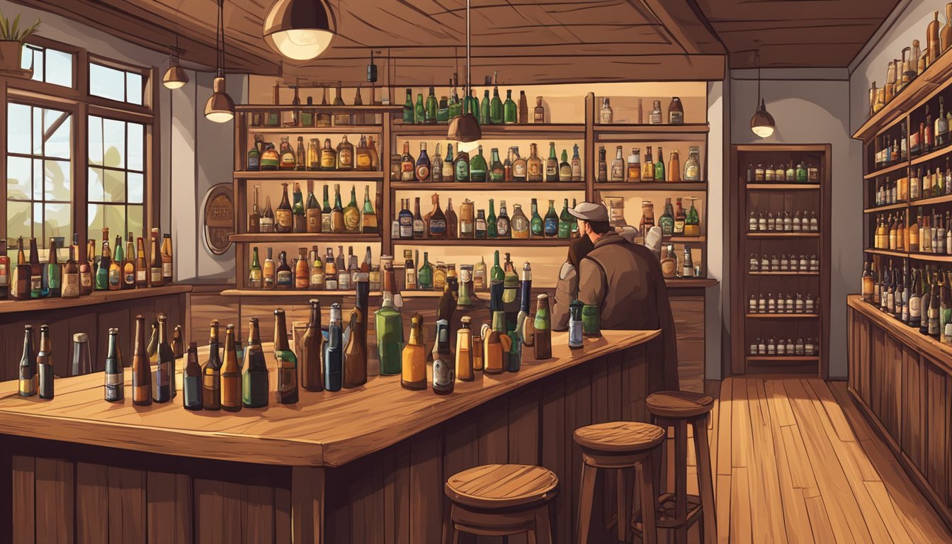 A cozy brewery with rustic decor and shelves lined with local craft beer bottles. A bartender serves a flight to a customer at the bar