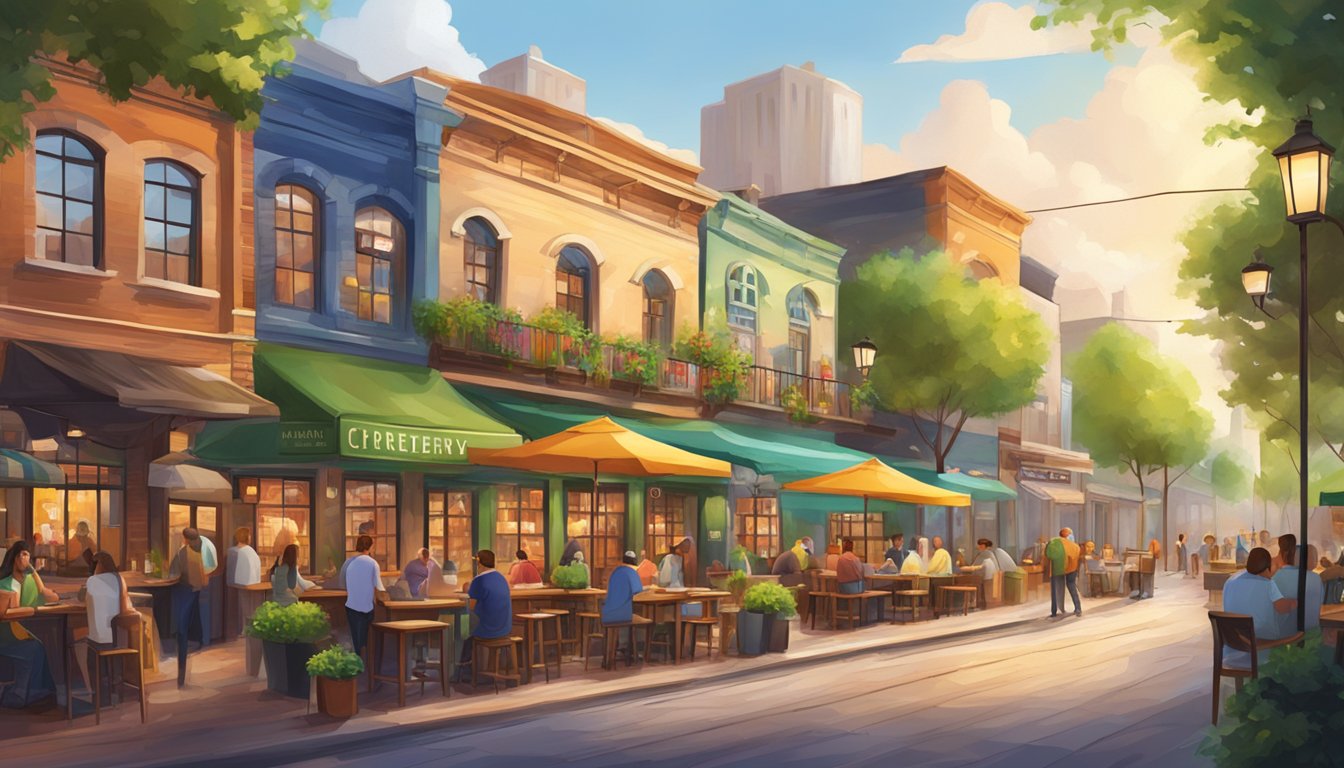 A bustling brewery district with colorful storefronts and outdoor seating, surrounded by lush greenery and a lively atmosphere