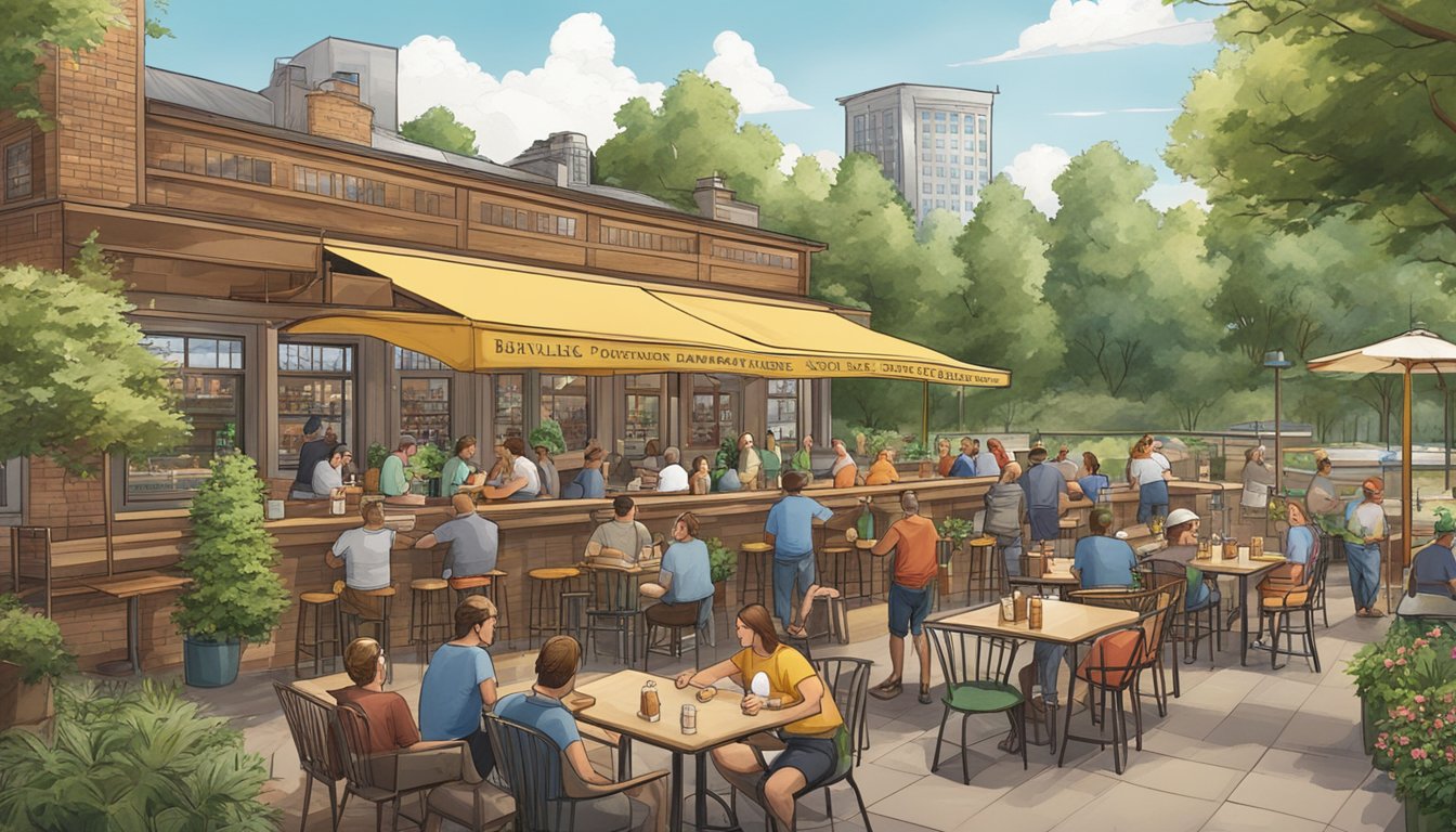 A bustling brewery with outdoor seating, surrounded by lush greenery and a view of the Lakewood, NJ skyline. Patrons enjoy craft beer and socialize