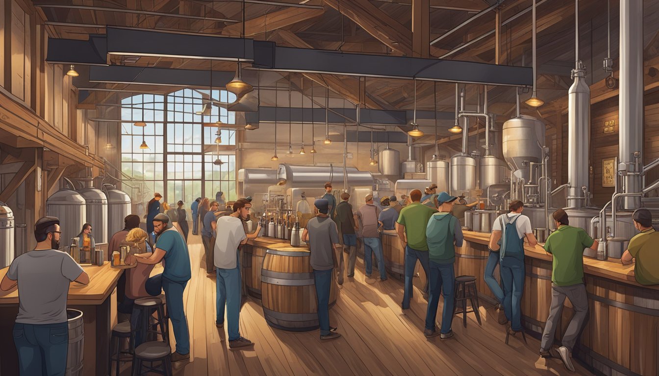 A bustling brewery with patrons sampling local craft beers, surrounded by industrial brewing equipment and rustic decor