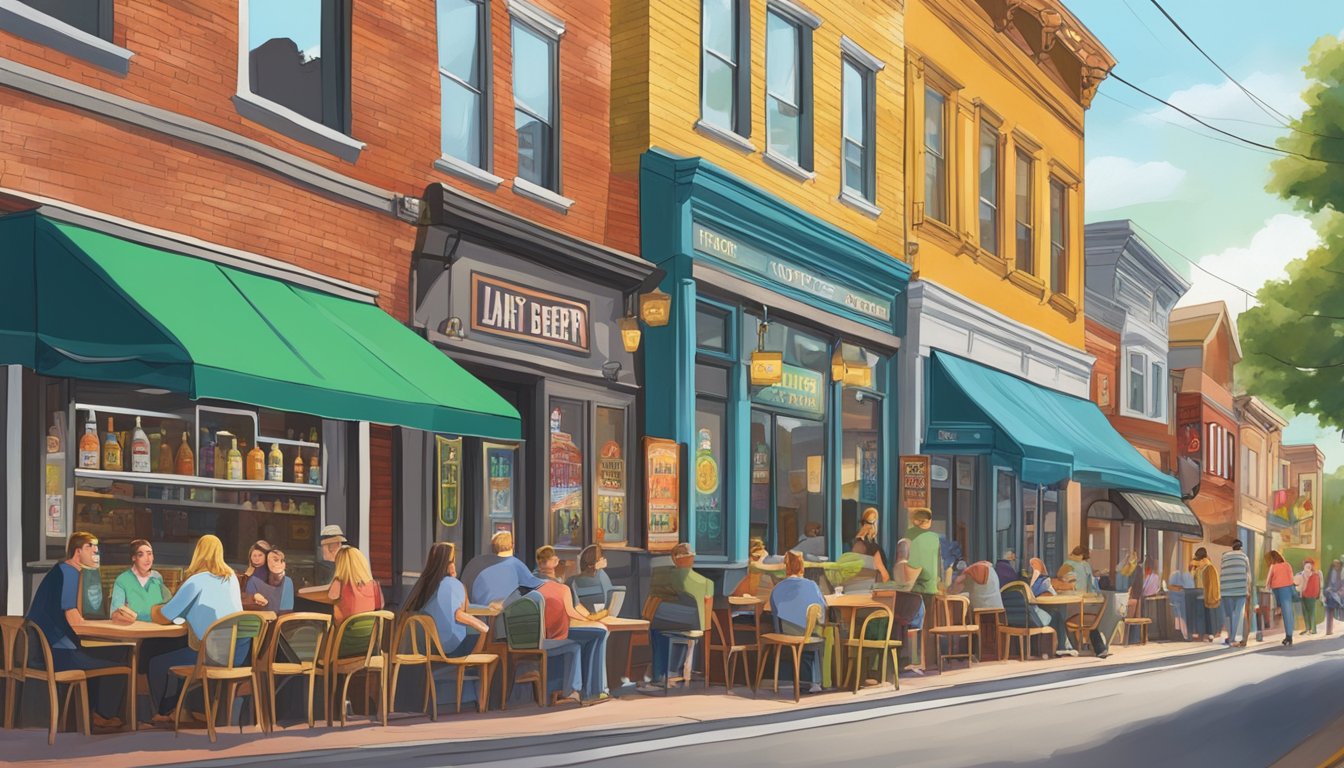 A bustling street lined with colorful storefronts, each adorned with unique signs advertising local craft beer in Lakewood, NJ. Outdoor seating and lively chatter fill the air