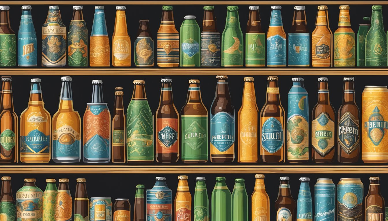 A row of colorful, handcrafted beer bottles and cans line the shelves of a local brewery, each label showcasing unique and creative designs