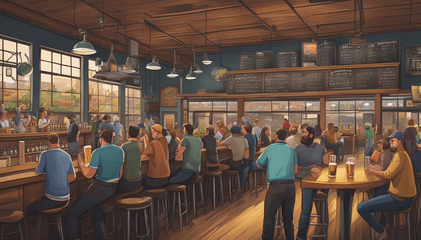 A bustling brewery scene with patrons enjoying craft beer flights and lively conversation. Beer taps line the bar, and a chalkboard displays the rotating selection