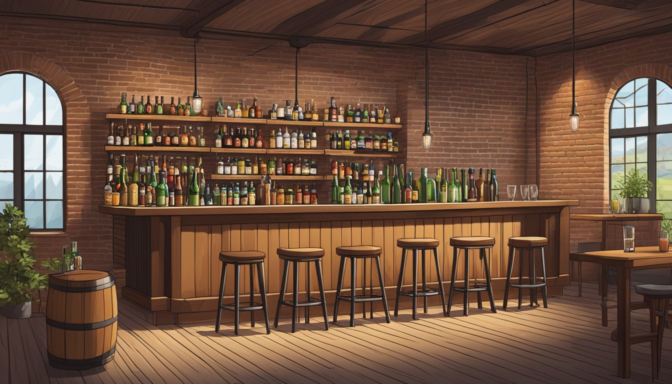 A cozy tasting room with wooden bar, exposed brick walls, and shelves lined with local craft beer bottles