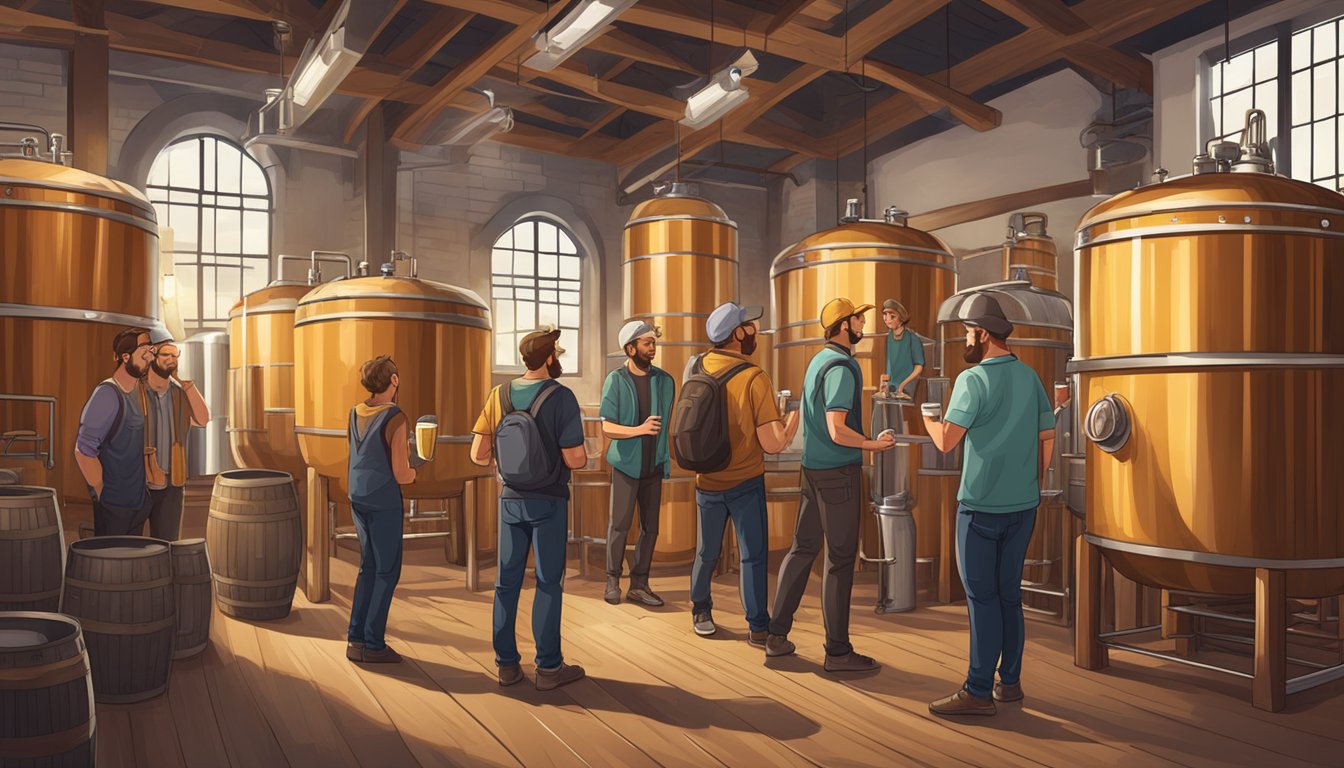 A group of people touring a craft brewery, surrounded by stainless steel brewing equipment and wooden barrels, with a guide explaining the beer-making process