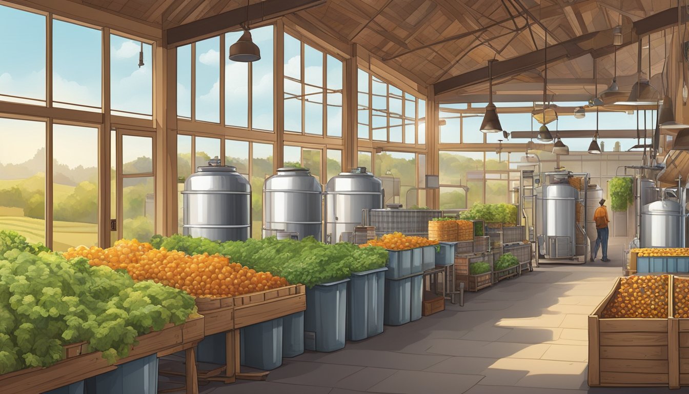 A bustling local brewery with solar panels, recycling bins, and water-saving equipment. A farmer's market nearby supplies fresh, organic ingredients