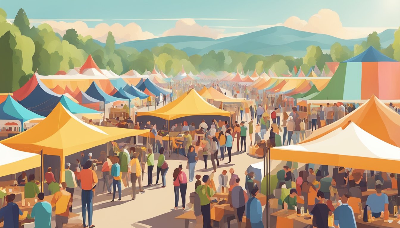 A bustling craft beer festival with rows of colorful tents and people enjoying tastings in the sunshine