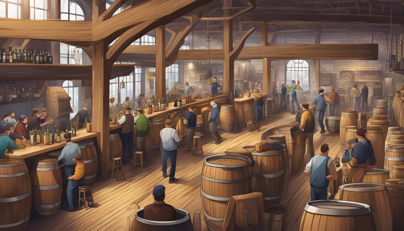 A bustling brewery scene with patrons sampling various craft beers, surrounded by wooden barrels and stainless steel brewing equipment