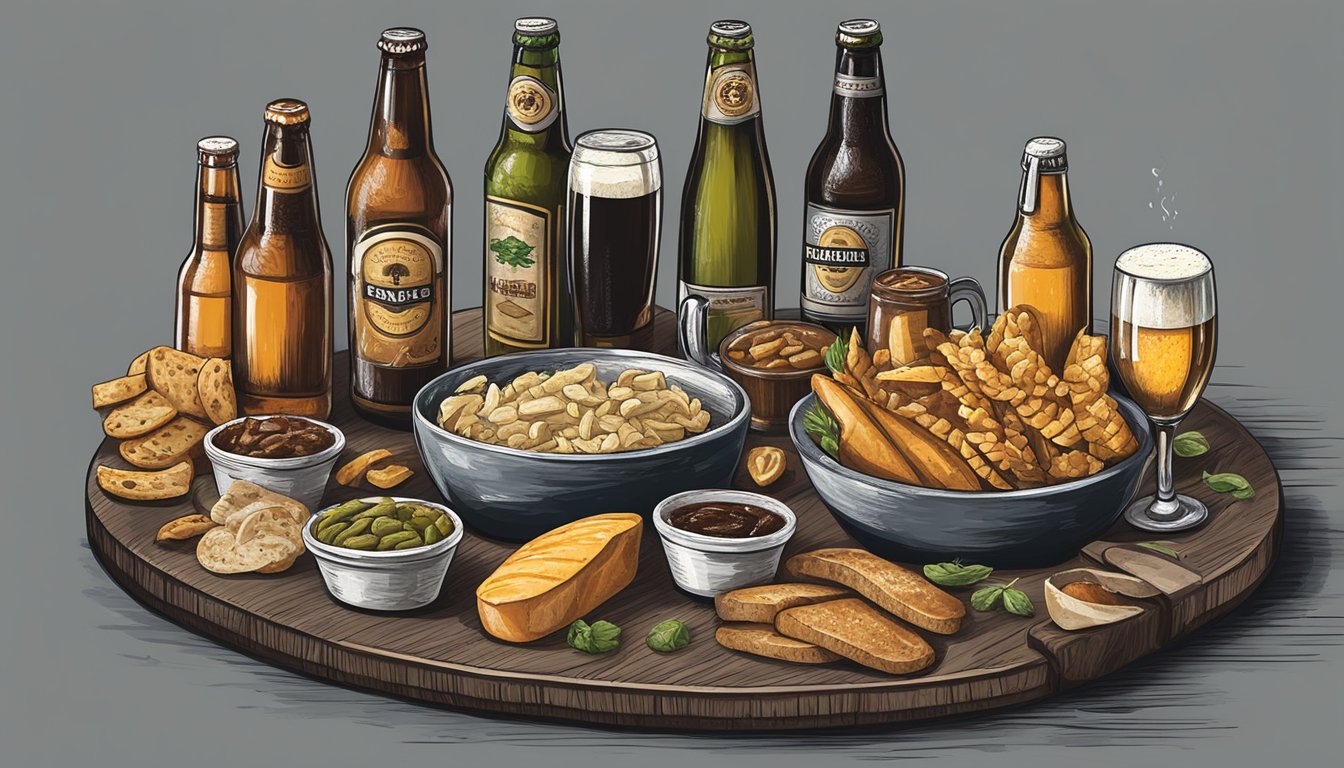 A rustic wooden table with various craft beer bottles and accompanying food pairings arranged artfully on a slate board