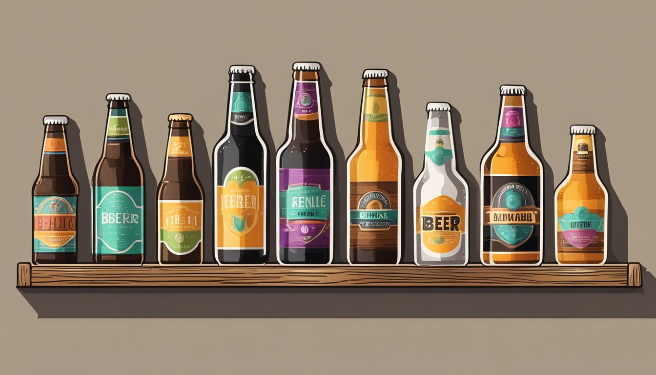 A variety of craft beer bottles and cans displayed on a wooden shelf, with colorful labels and unique designs. A chalkboard sign lists different beer types and trends