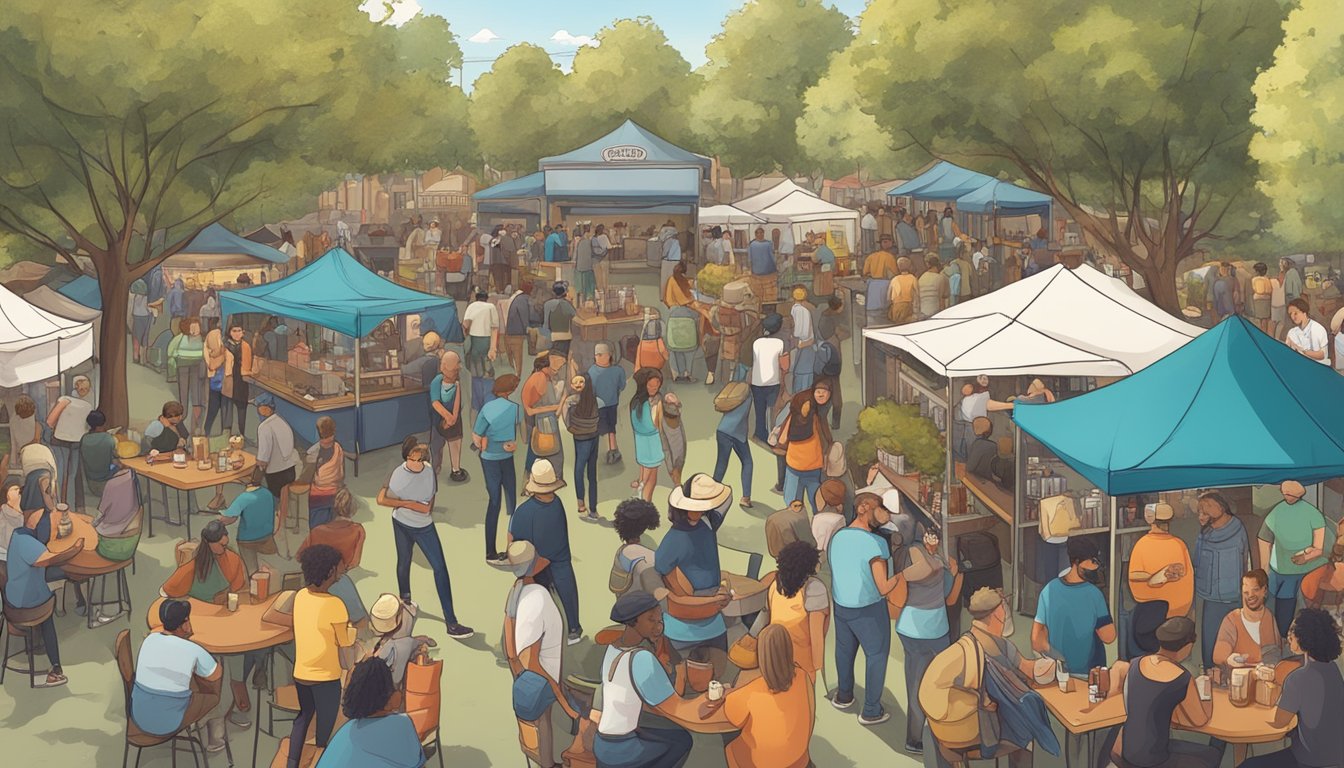 A bustling craft beer festival with diverse patrons enjoying live music, food trucks, and sampling local brews in an outdoor setting