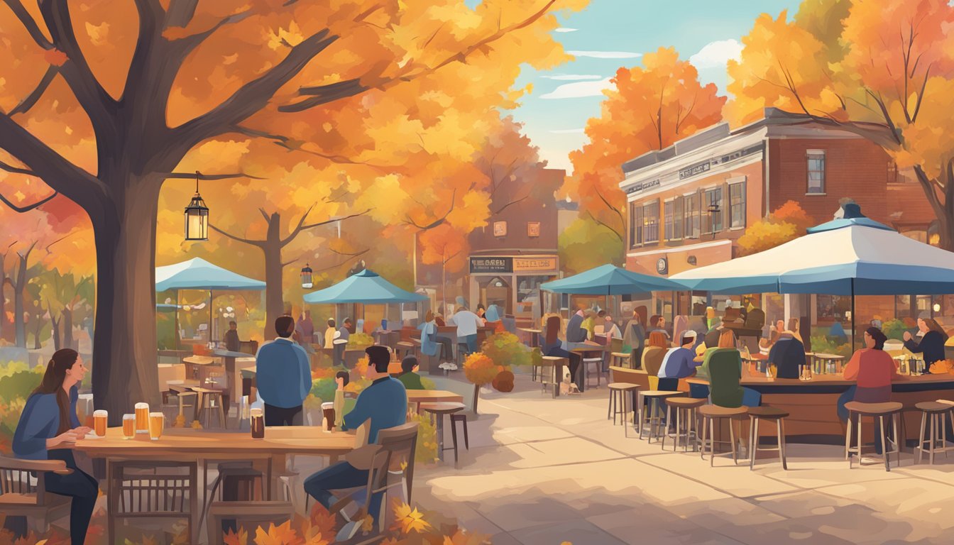 A cozy outdoor beer garden in Rochester, NY, surrounded by colorful fall foliage and featuring a variety of local craft beer taps