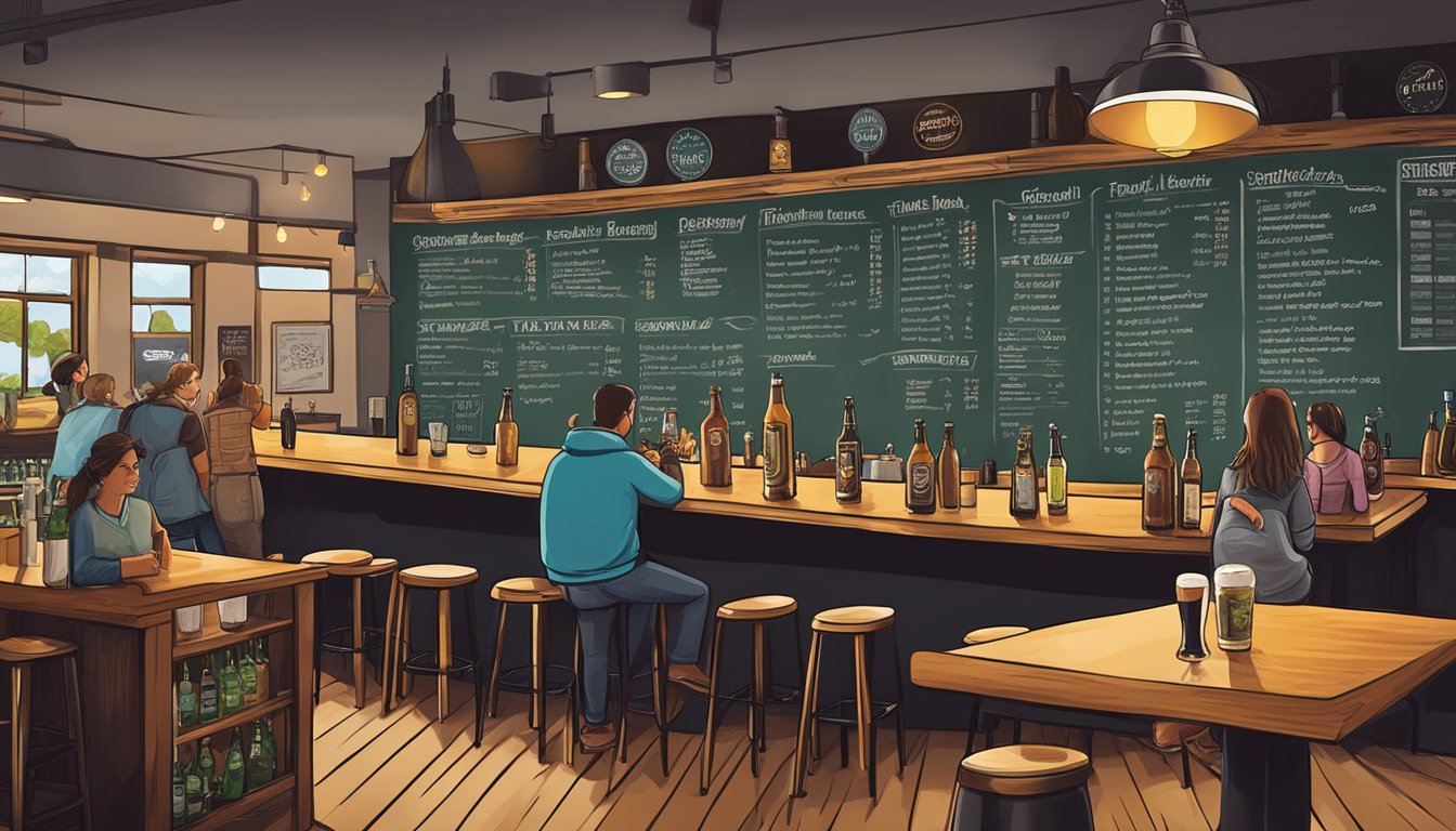 A bustling craft beer bar with a variety of taps and a chalkboard menu listing local Woodbridge brews. Customers chat and enjoy their drinks