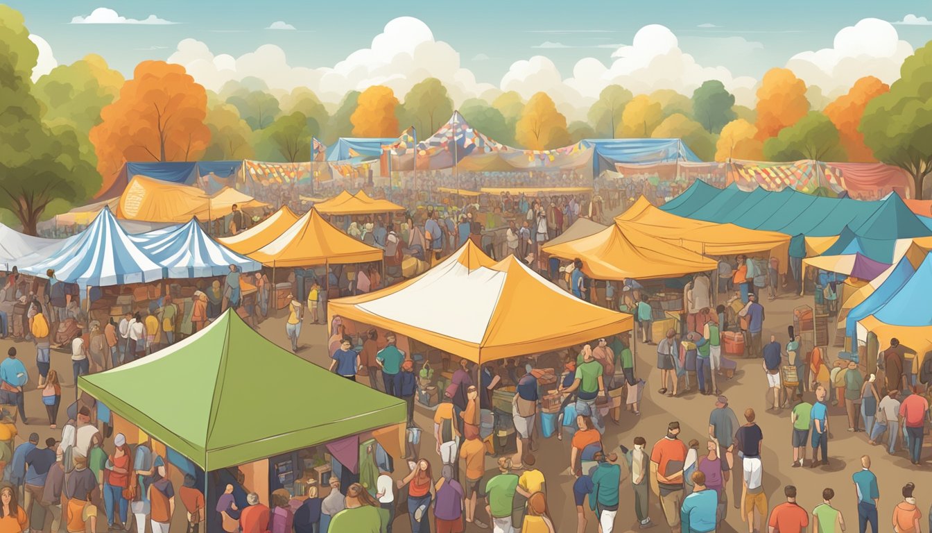 A bustling craft beer festival with rows of colorful tents and a lively crowd sampling and enjoying various brews