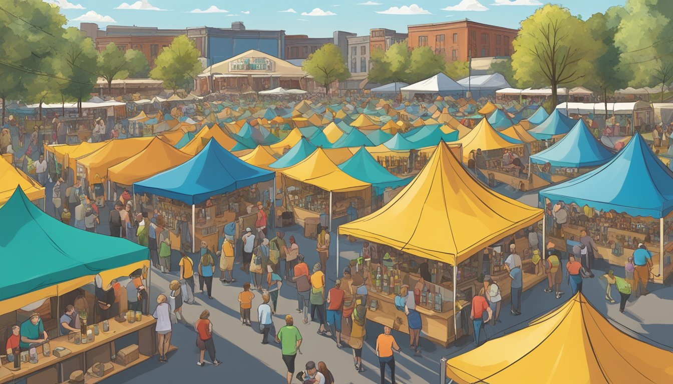 A bustling craft beer festival in Akron, Ohio, with rows of colorful tents and eager patrons sampling a variety of local brews