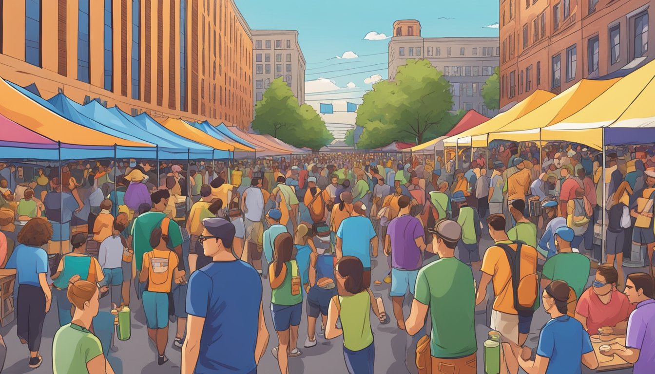 A bustling craft beer festival in Newark, NJ, with rows of colorful tents, live music, and crowds of people enjoying the local brews