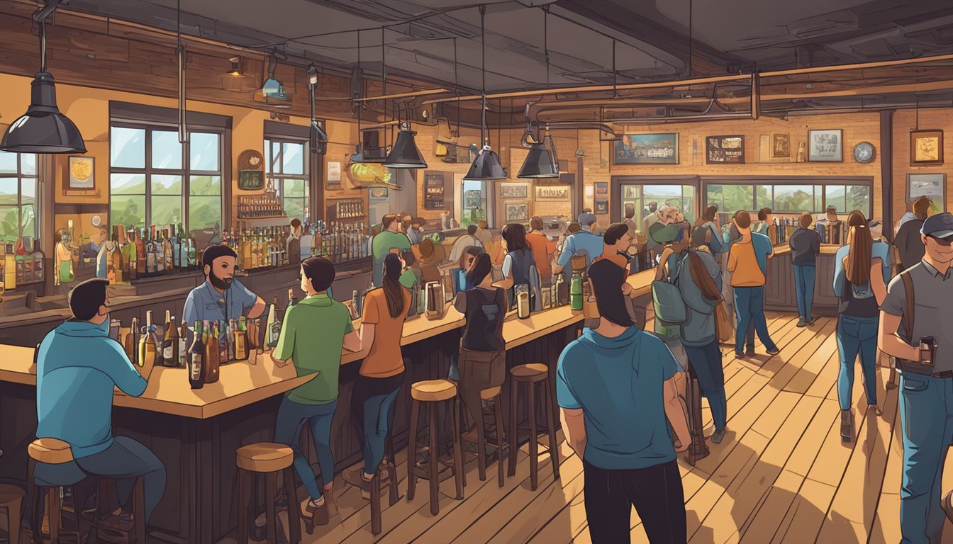 A bustling taproom with a variety of craft beer taps, surrounded by locals enjoying pints and socializing