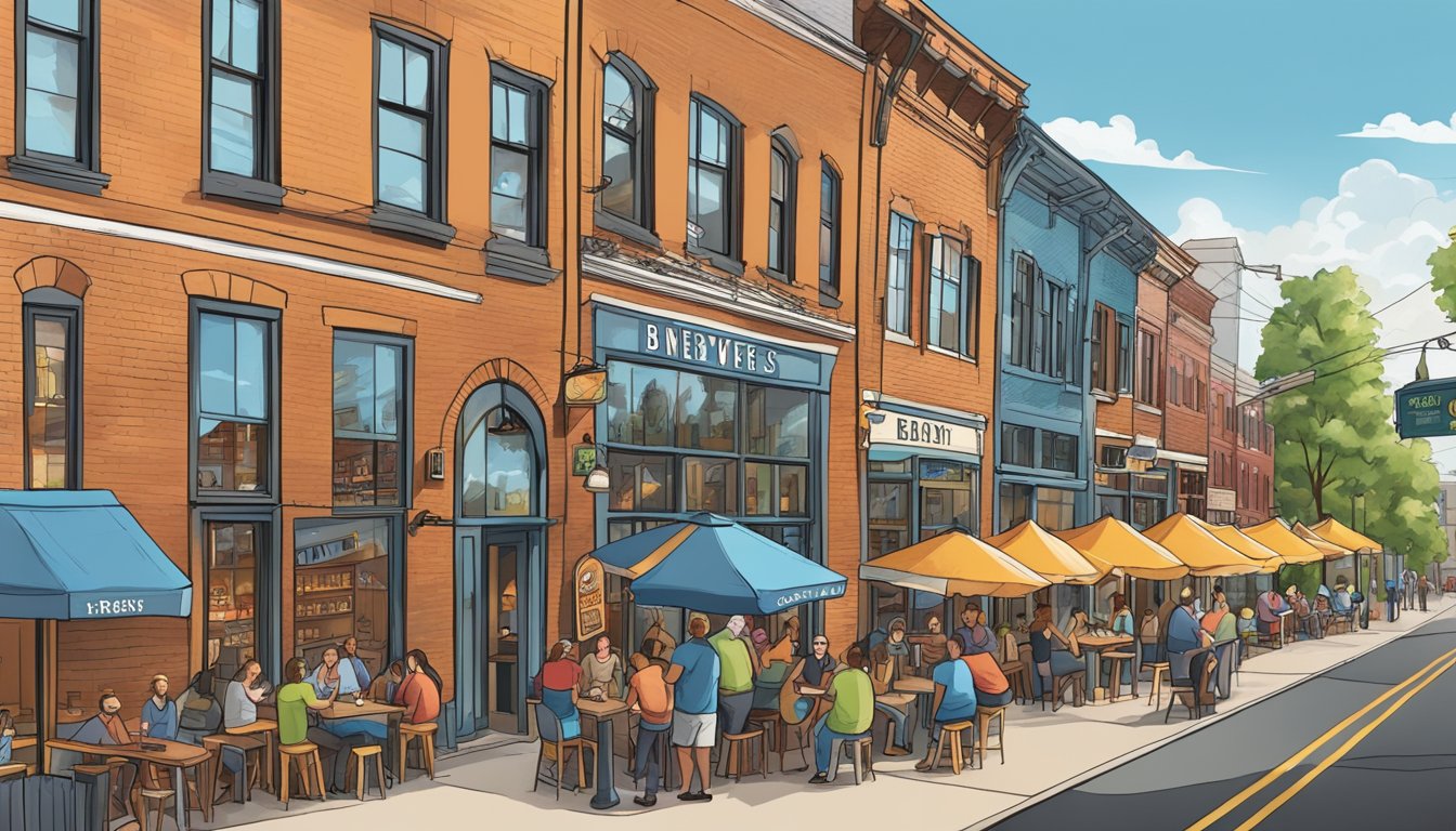 A bustling street lined with vibrant, modern breweries and cozy taprooms, filled with locals and visitors enjoying the unique flavors of Akron's craft beer scene