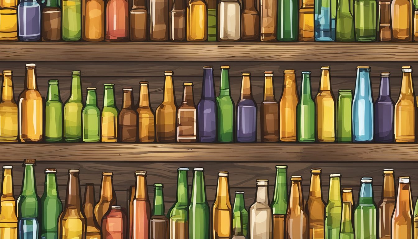 A row of colorful craft beer bottles and glasses on a rustic wooden table, with hops and barley scattered around